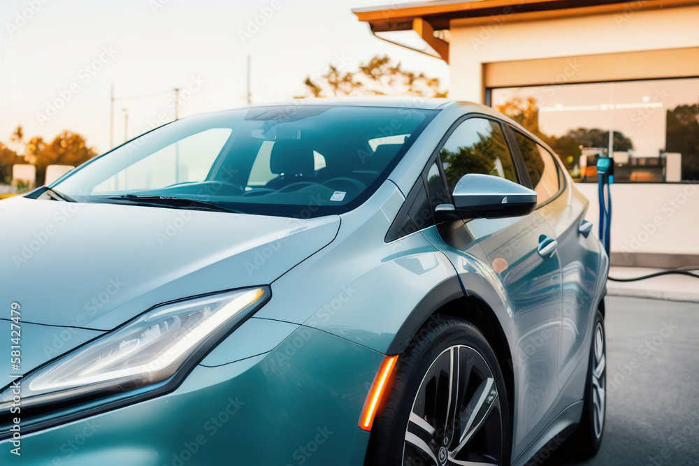 Charging modern electric car battery on the street, Close up of power supply plugged into an electric car, Generative AI. Charging modern electric car battery on the street, Close up of power supply plugged into an electric car, Generative AI.