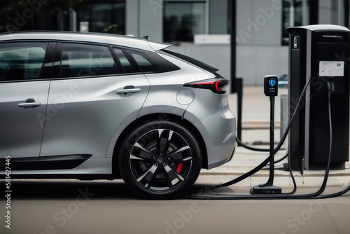 Charging modern electric car battery on the street, Close up of power supply plugged into an electric car, Generative AI.