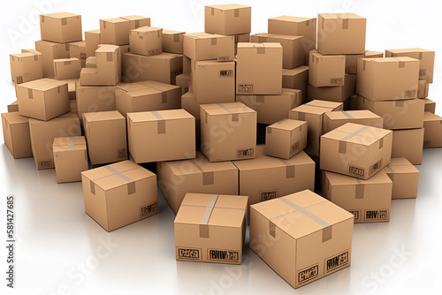 A lot of goods a bunch of cardboard boxes on a white background. Overproduction Generative AI