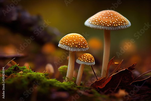 Natural wild small inedible mushrooms on forest background.