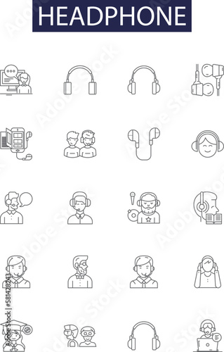 Headphone line vector icons and signs. Earbuds, Obliques, Auriculars, Auricula, Audiophiles, Acoustic, Open-back, Closed-back outline vector illustration set