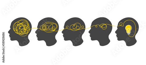 Human head silhouette and tangled line turns into straight line with bulb lamp. Abstract metaphor of complicated way of thinking. Lines unraveling. Business problem solving or difficult situation.