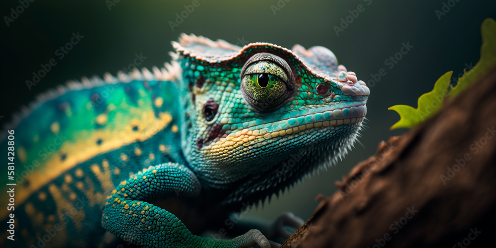 Fototapeta premium Green chameleon with textured skin close-up, blurred tropical background. Multi-colored skin of a chameleon in nature. Generative AI.