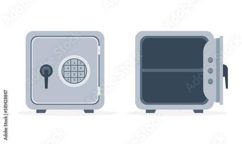 Security metal safe for banknotes, bares and coins. Combination lock. Closed and open empty safe box. Cash protection. Icon for web, games, apps. Vector illustration isolated on white background.