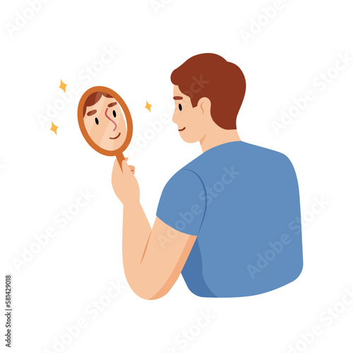Young man looking through the mirror and smiling. Love yourself, self care, self acceptance concept. Vector flat illustration.