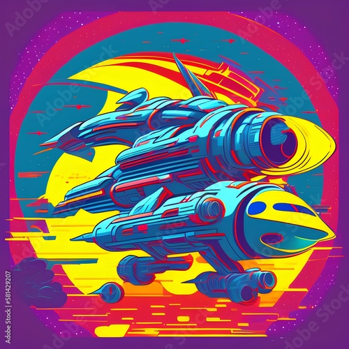 Futuristic space battle starship. Pop art retro vector illustration - generative ai
