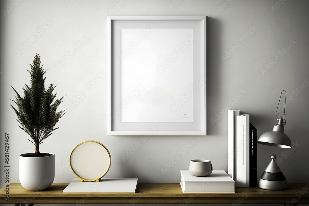 Blank White Frame on Empty Wall. Mockup for minimal Room Background Design for show photo Blank White Frame on Empty Wall. Mockup for minimal Room Background Design for show photo