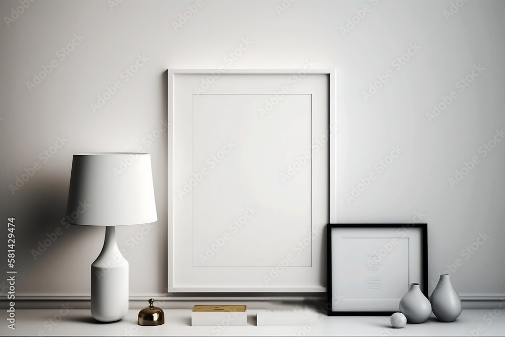 Blank White Frame on Empty Wall. Mockup for minimal Room Background Design for show photo Blank White Frame on Empty Wall. Mockup for minimal Room Background Design for show photo