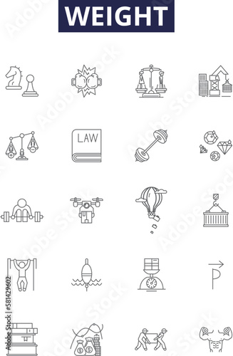 Weight line vector icons and signs. Pound, Mass, Balance, Kilogram, Measurement, Calorie, Obese, Scales outline vector illustration set