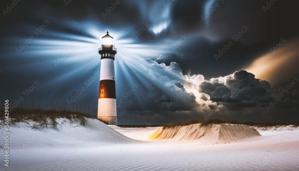 Lighthouse On the Coast Shore of an Remote Island with White sand and dramatic Sky. Generative AI 