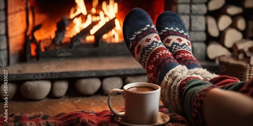 Feet in Woollen Socks by the Christmas Fireplace