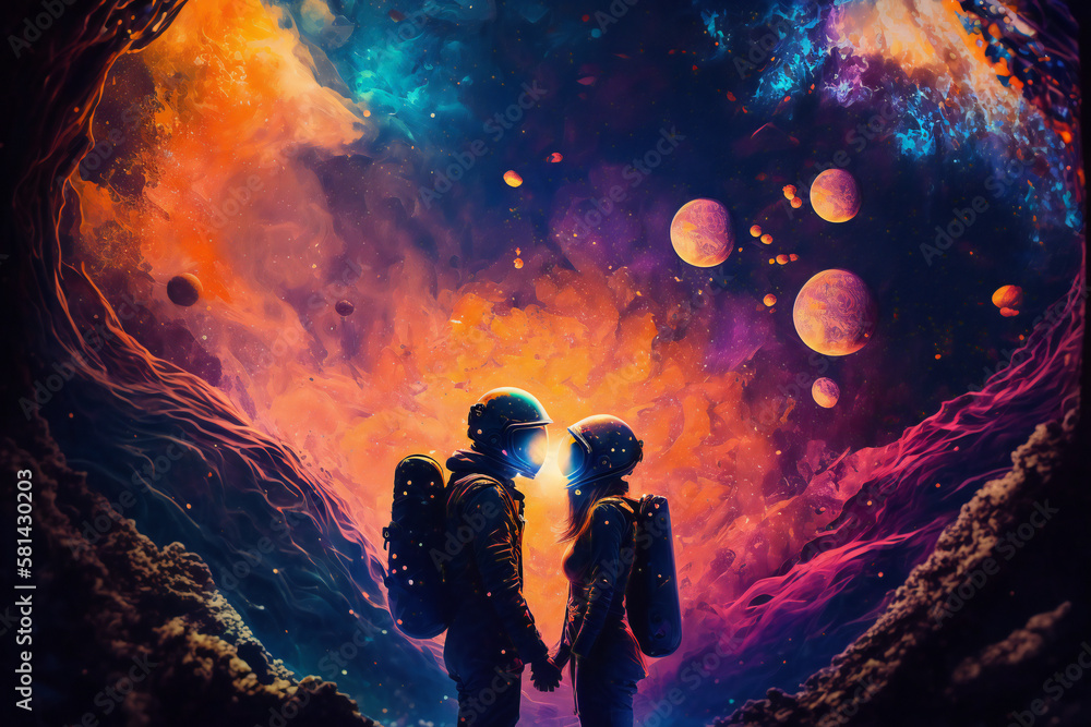 Romantic couple in the space, outer space, love, generative ai
