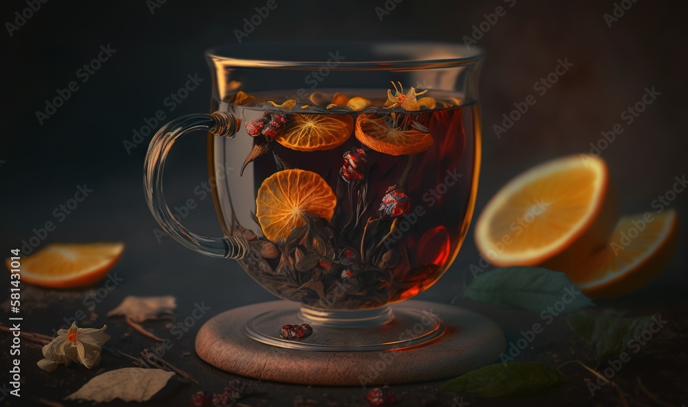 a glass cup filled with tea and orange slices on a table. generative ai a glass cup filled with tea and orange slices on a table. generative ai