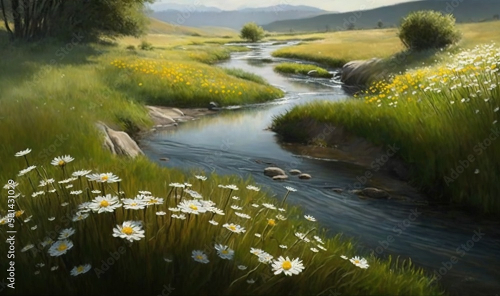 a painting of a river running through a lush green field. generative ai a painting of a river running through a lush green field. generative ai