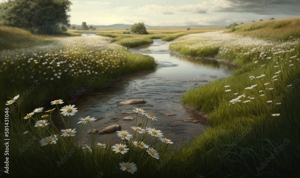  a painting of a river running through a field of daisies.  generative ai