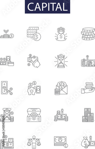 Capital line vector icons and signs. Wealth, Funds, Money, Investment, Assets, Resource, Stock, Reserve outline vector illustration set