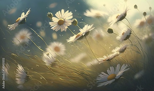  a painting of a field of daisies with water droplets. generative ai