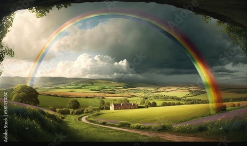  a painting of a rainbow over a lush green field with a dirt road. generative ai