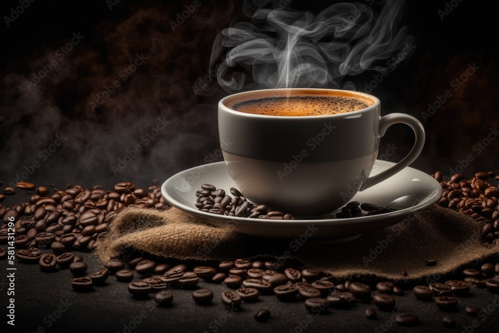 Fototapeta premium In a large panorama banner with copy space, a cup of hot, foaming espresso is positioned to the right of a background of freshly roasted coffee beans. Generative AI