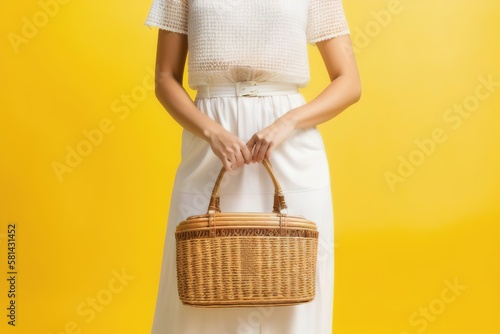 Woman holding rattan handbag on light background, Generative AI.