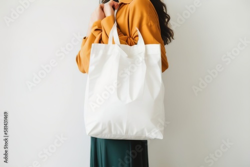 Woman with white cotton bag in her hands. Mockup and zero waste, Generative AI.