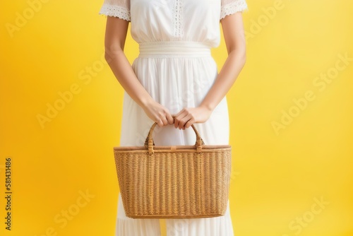 Woman holding rattan handbag on light background, Generative AI.