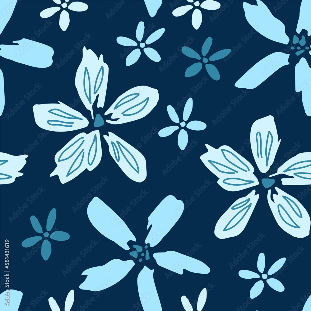 Simple floral vector seamless pattern. Light blue flowers on a dark background. For prints of fabric, clothes, textiles. Simple floral vector seamless pattern. Light blue flowers on a dark background. For prints of fabric, clothes, textiles.