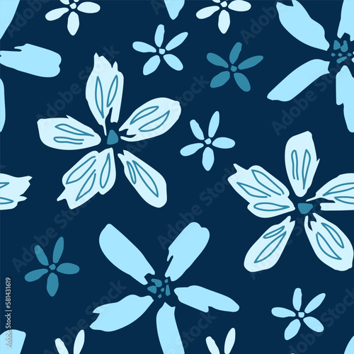 Simple floral vector seamless pattern. Light blue flowers on a dark background. For prints of fabric  clothes  textiles.