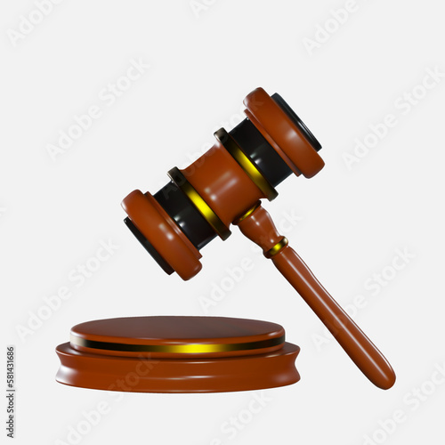Hammer with stand for court or auction. Judgment decision. Vector illustration 3d render.