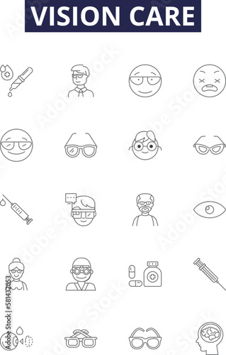 Vision care line vector icons and signs. Optometry, Ophthalmology, Visionary, Correction, Optician, Lenses, Refraction, Prescription outline vector illustration set