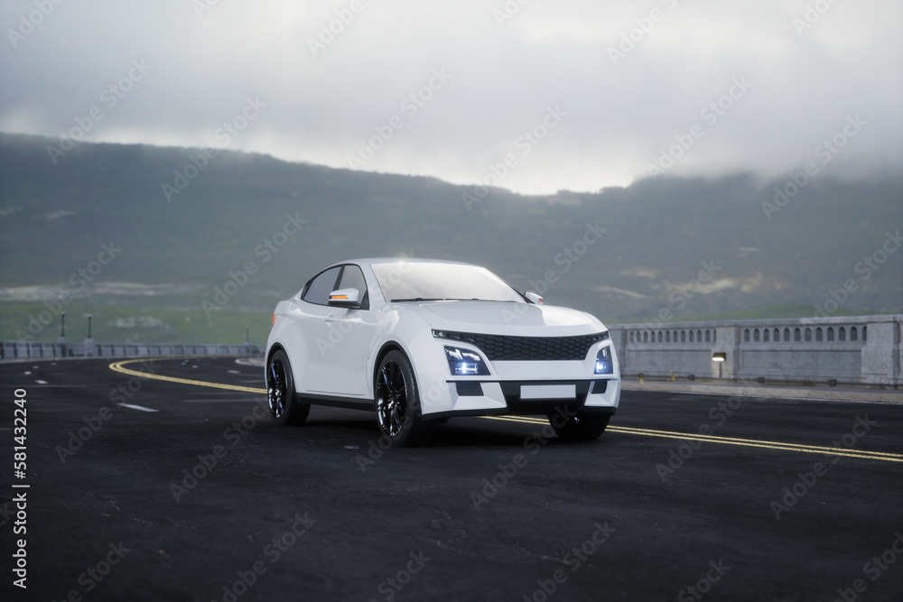 Generic and brandless SUV car on the road with mountain, 3d render