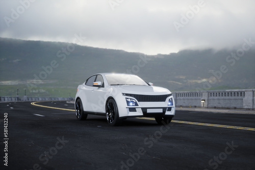 Generic and brandless SUV car on the road with mountain, 3d render © kinwun
