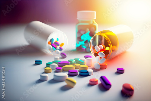 Medicina y medicamentos. Bote de píldoras y pastillas dispersas de diferentes colores.Concepto de medicina y salud para el bienestar sin dolor.investigación médica. Generado por ia photo