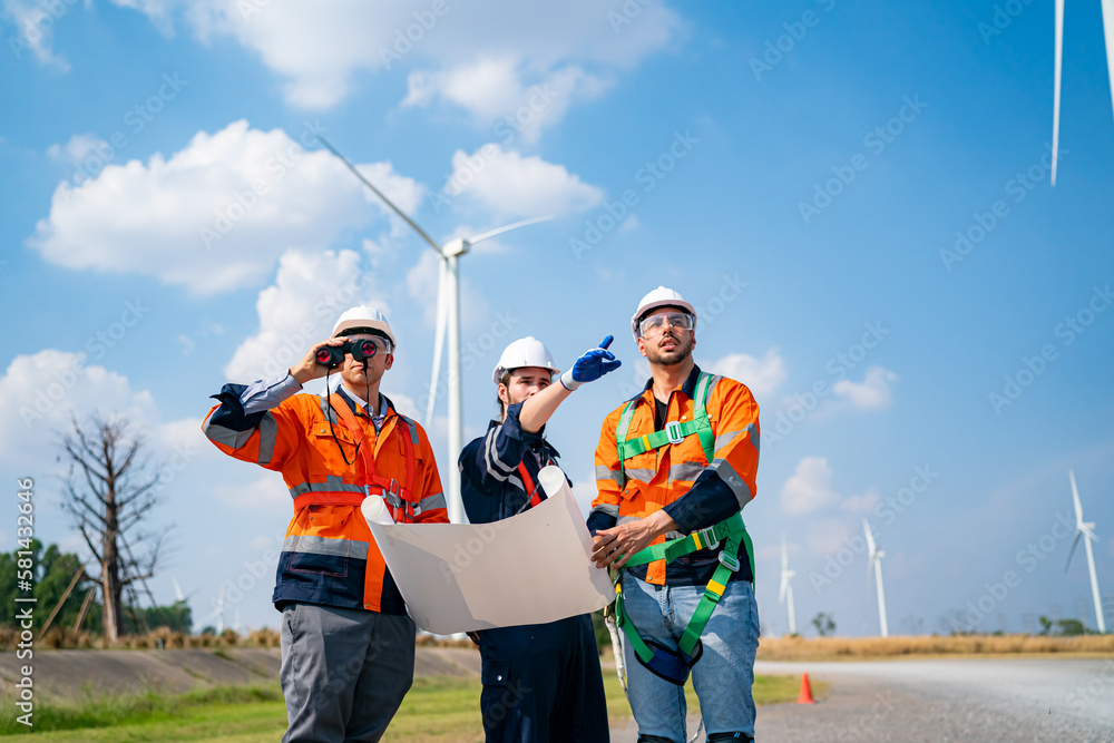 Wind turbine service engineer maintenance and plan for inspection at construction site, renewable electricity generator. Wind turbine service engineer maintenance and plan for inspection at construction site, renewable electricity generator.