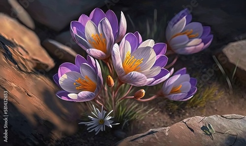  a painting of a bunch of flowers on a rocky ground.  generative ai