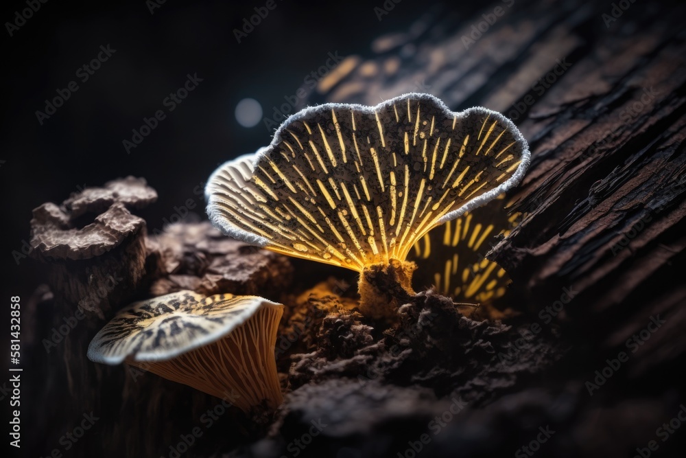 In the shadows of the earth, a small fungus with flying spores is developing on decaying wood. creative macro lighting with a dark background. Generative AI In the shadows of the earth, a small fungus with flying spores is developing on decaying wood. creative macro lighting with a dark background. Generative AI