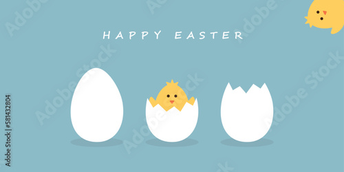 happy easter minimal design with egg and little chick on blue background Fototapet