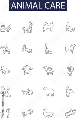 Animal care line vector icons and signs. Care, Veterinary, Pet, Feeding, Grooming, Training, Housing, Breeding outline vector illustration set