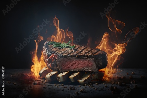 Grilled beef steak on fire with smoke and flames on dark background. Generative AI