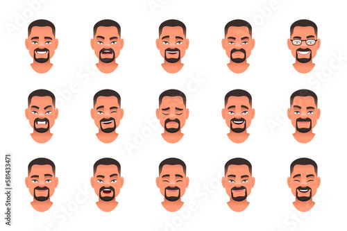 Set of different emotions of a cute white bearded guy. Facial expression of handsome man with mustache and goatee. Smile, happiness, anger, joy, surprise, fear, etc.