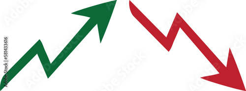 Graph going Up and Down sign with green and red arrows vector. Flat design vector illustration concept of sales bar chart symbol icon with arrow moving down and sales bar chart with arrow moving up