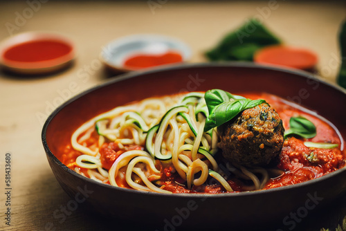 Tasty zucchini vegan pasta with soy meatballs and tomato sauce created with Generative AI technology