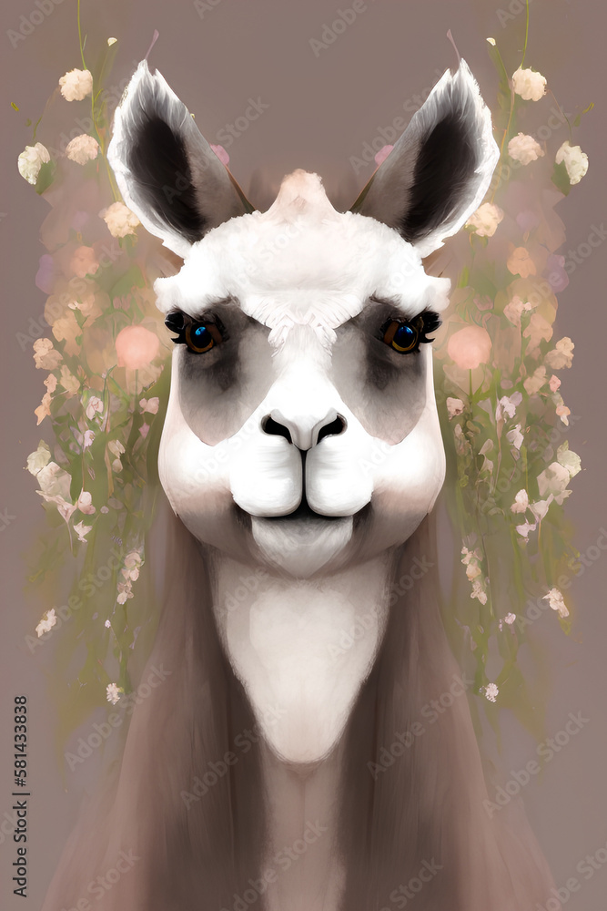 Front view closeup portrait of a lovely lama with flowers on a plain background, illustration. generative AI Front view closeup portrait of a lovely lama with flowers on a plain background, illustration. generative AI