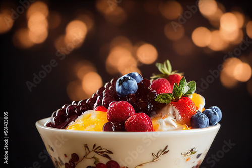 Delicious bowl with vanilla ice cream and red fruits created with Generative AI technology