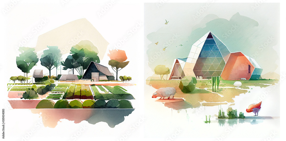 Minimalistic watercolor of ecological urban farm. Generative ai