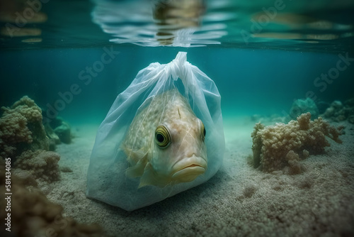 Fish and plastic pollution. Envrionmental problem - plastics contaminate seafood. Neural network AI generated art photo