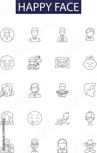 Happy face line vector icons and signs. Grinning, Joyful, Gleeful, Cheerful, Satisfied, Delighted, Jovial, Mirthful outline vector illustration set