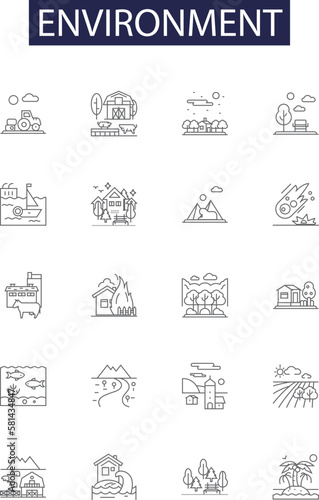 Environment line vector icons and signs. Climate, Pollution, Nature, Conservation, Wildlife, Habitat, Greenhouse, Carbon outline vector illustration set