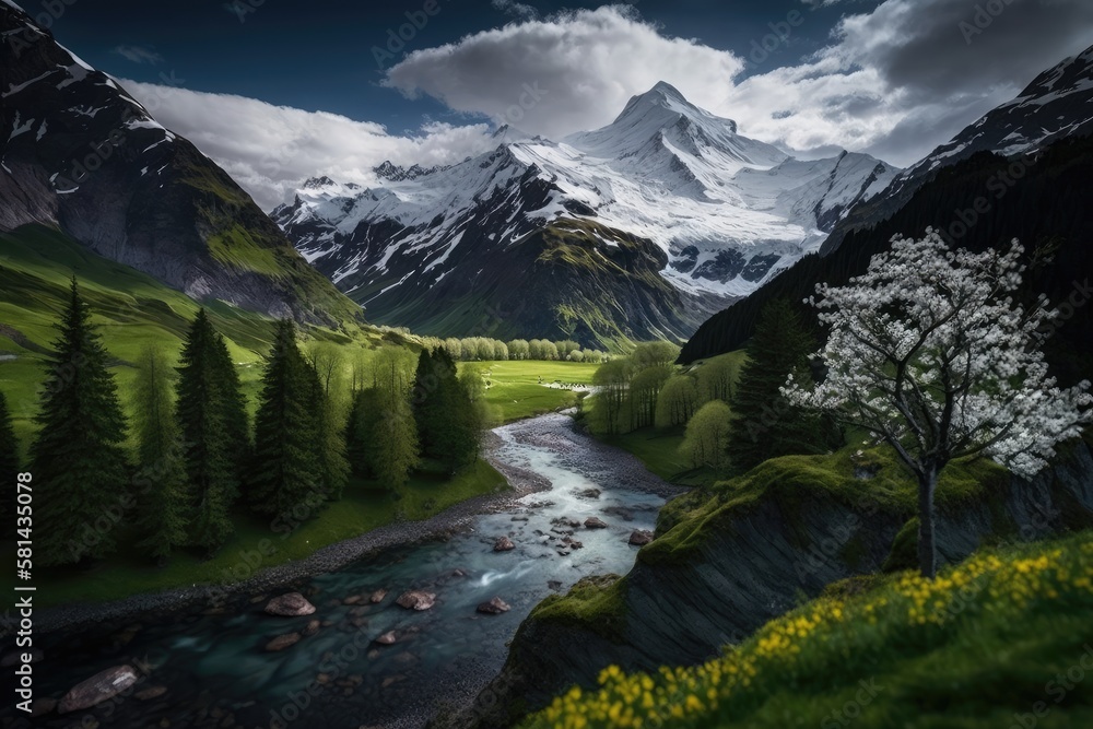 The Swiss Alps, Switzerland. Landscape Picture: Capture the beauty of spring landscapes by using a wide angle lens and a tripod. 
