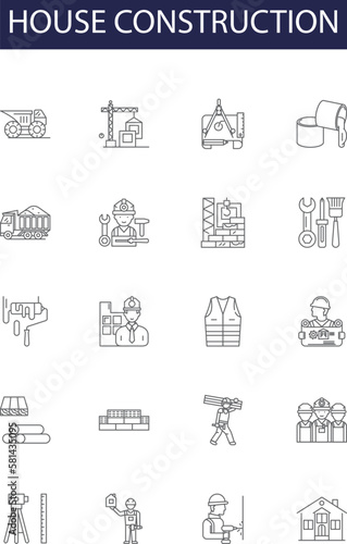 House construction line vector icons and signs. Constructing, Erecting, Frame, Framing, Masonry, Foundations, Walls, Roofing outline vector illustration set